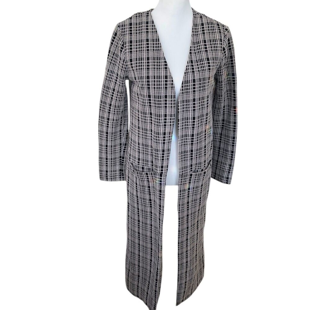 ASTR Black Cream‎ Plaid Long Line Classic Preppy Open Front Duster Jacket Coat S